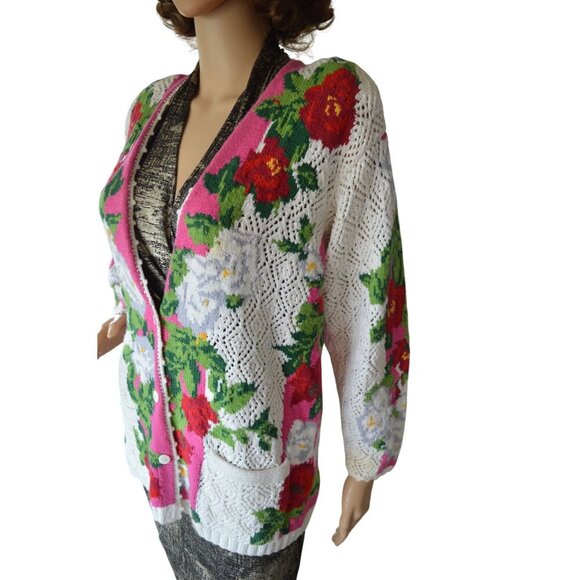 Vintage 80s Adrienne Vittadini Petites Size S Crochet Floral Grannycore Cardigan - Picture 4 of 16